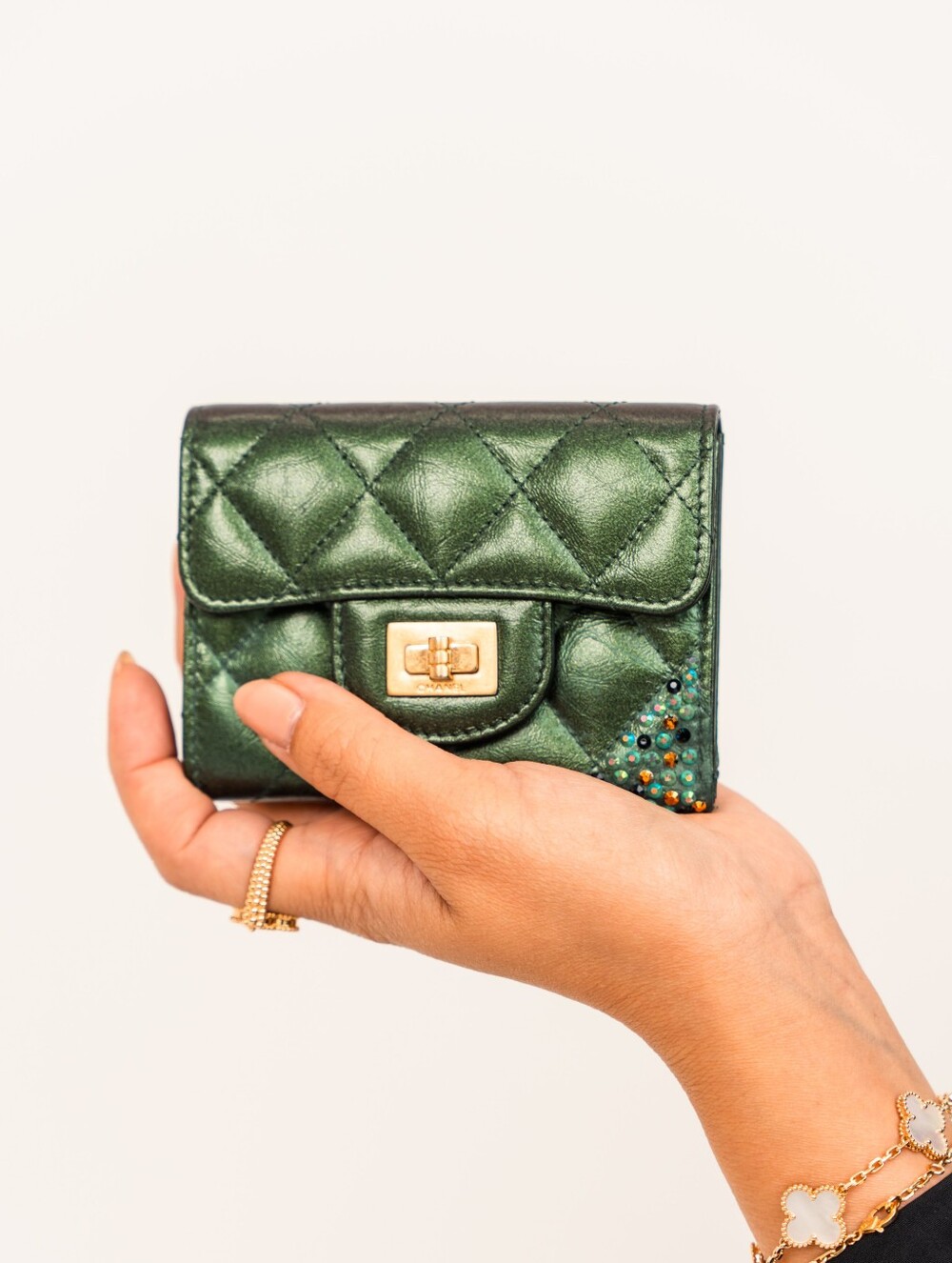 Iridescent Lambskin Quilted Double Flap Wallet Green